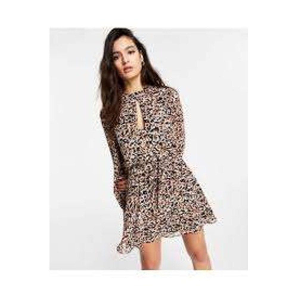 Bar III  Animal Print Keyhole Tie Back Long Sleeve‎ Women Mini Dress Brown M